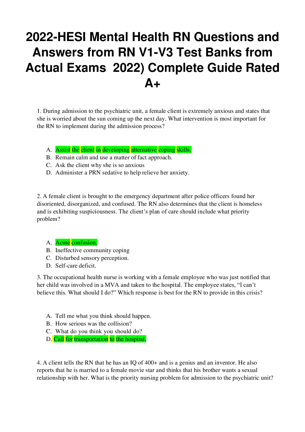Preview image for 2022-HESI Mental Health RN Questions and Answers from RN V1-V3 Test Banks from Actual  Exams 2022) Complete Guide Rated A+